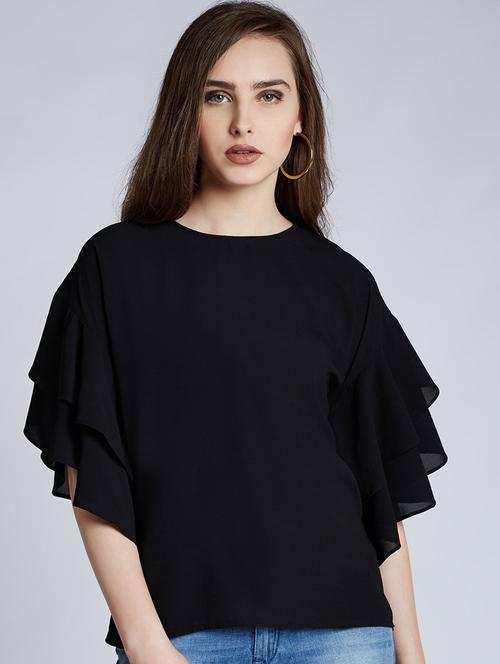 women black solid ruffle sleeve top - 20745338 - Very Small Image - 1