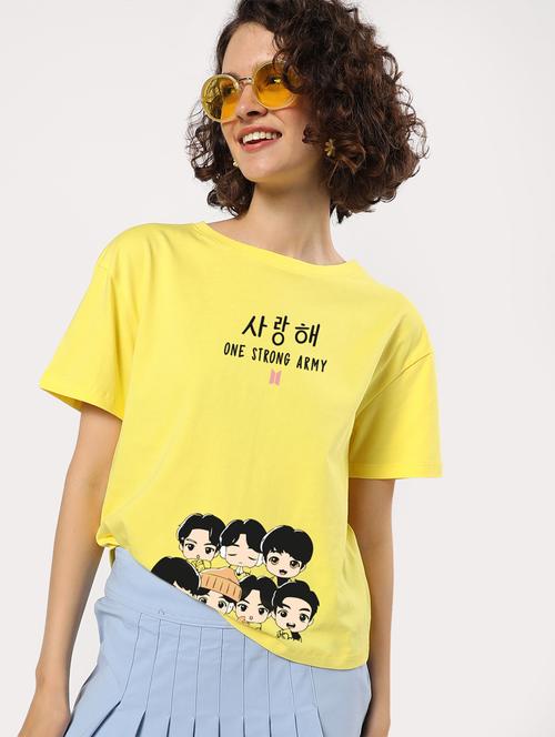 yellow front print round neck t-shirt - 20745342 - Very Small Image - 1