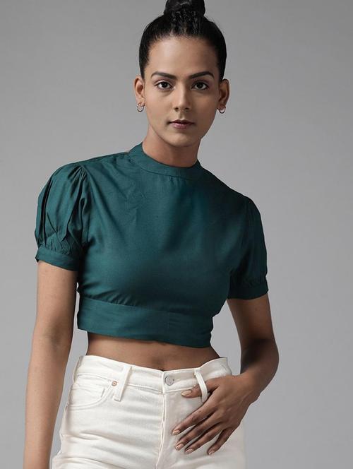 solid green back styled detailed crop top - 20745365 - Very Small Image - 1