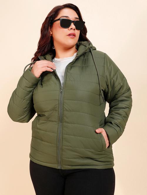 solid green quilted hooded plus size jacket - 20745402 - Very Small Image - 1