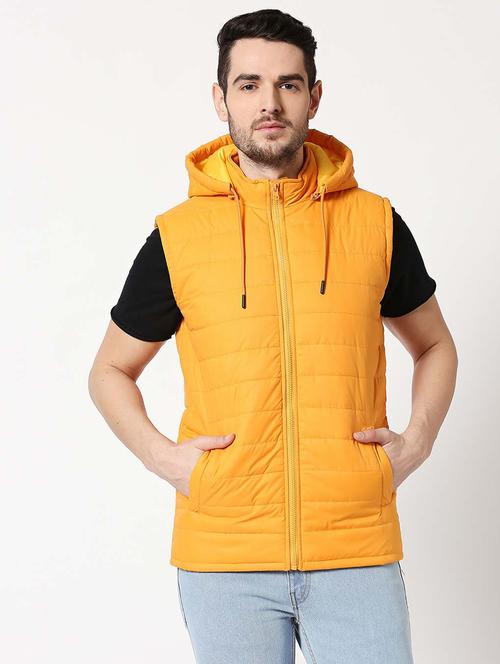 solid yellow quilted sleeveless hooded casual jacket - 20745531 - Very Small Image - 1