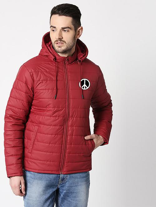 maroon placemenet print detailed quilted hooded casual jacket - 20745539 - Very Small Image - 1