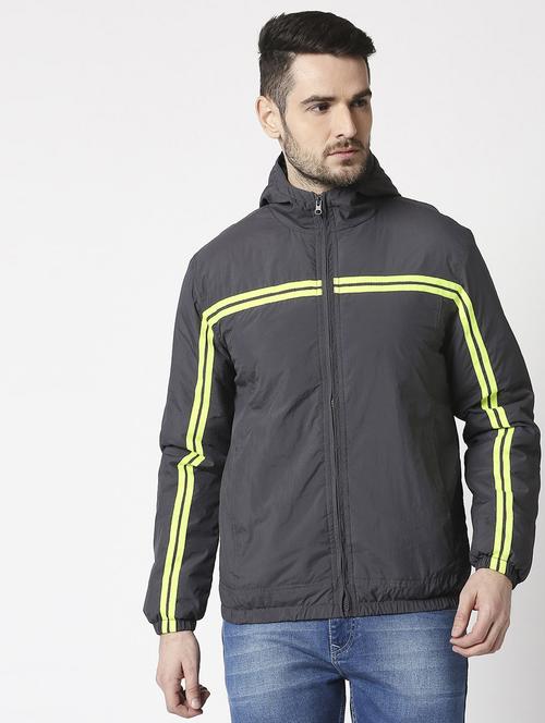 grey striped detailed hooded casual jacket - 20745569 - Very Small Image - 1