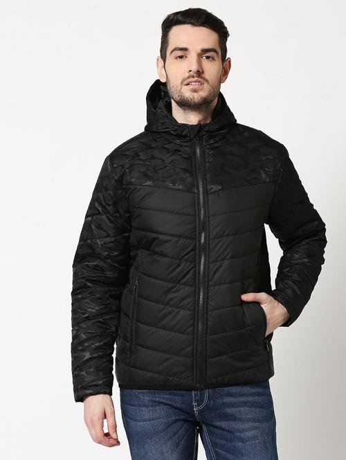 black printed detailed hooded casual jacket - 20745592 - Very Small Image - 1