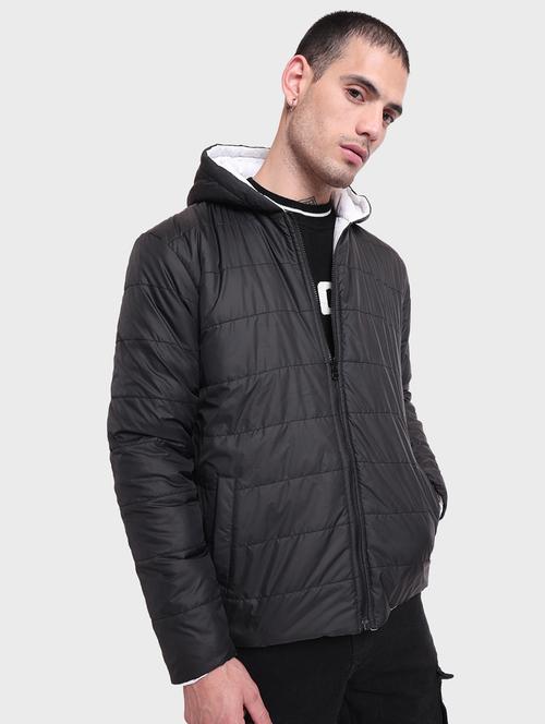 solid black hooded reversible casual jacket - 20745612 - Very Small Image - 1