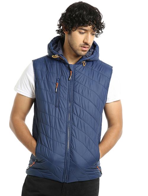 solid blue quilted sleeveless hooded jacket - 20745629 - Very Small Image - 1