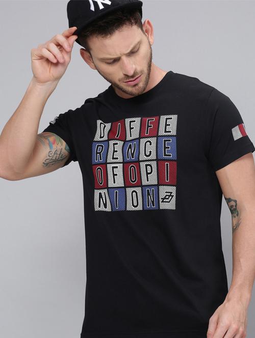 men black round neck front print t-shirt - 20746609 - Very Small Image - 1