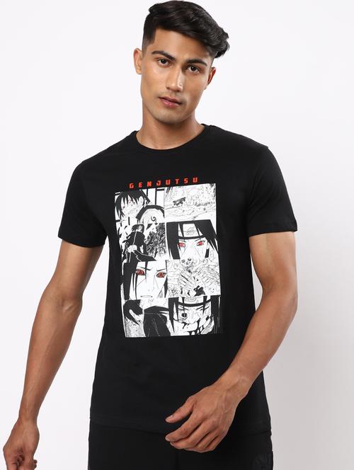 black front print round neck t-shirt - 20746696 - Very Small Image - 1