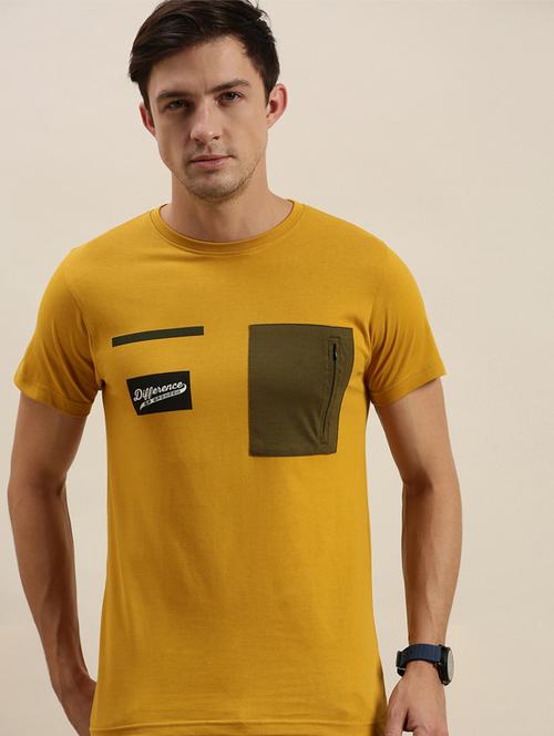 men mustard printed round neck regular t-shirt - 20746880 - Very Small Image - 1