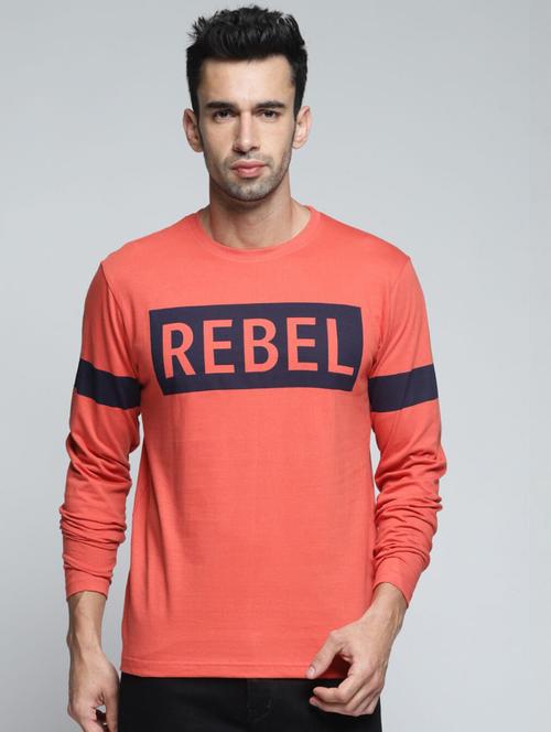 orange chest print detailed round neck t-shirt - 20747230 - Very Small Image - 1