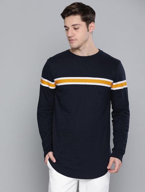 men navy blue color block round neck regular t-shirt - 20747265 - Very Small Image - 1