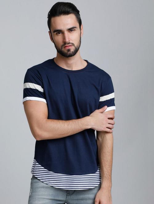 navy blue sleeves striped detailed round neck t-shirt - 20747401 - Very Small Image - 1