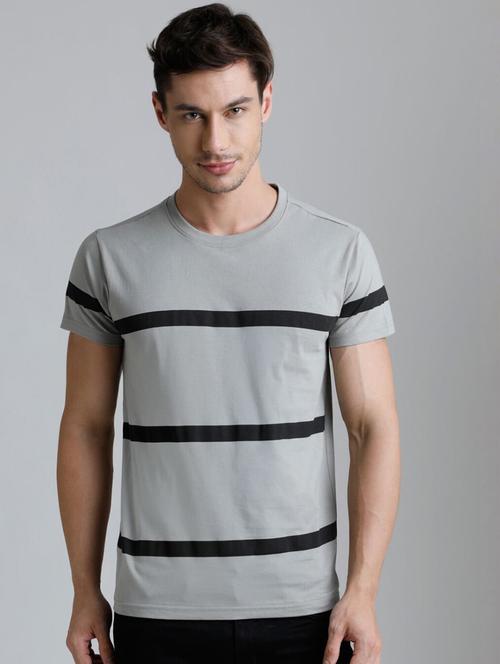 men grey striped printed round neck regular t-shirt - 20747426 - Very Small Image - 1