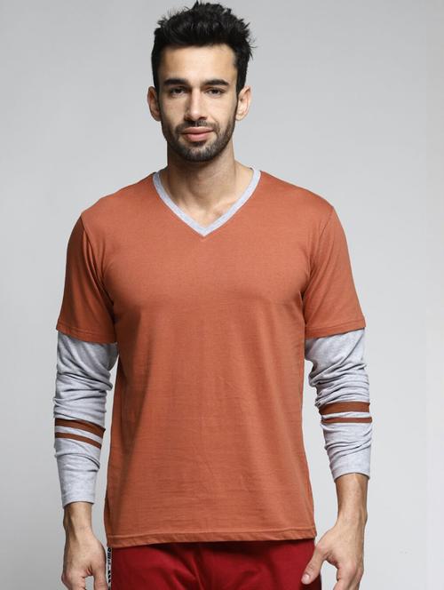 men brown v-neck long sleeves t-shirt - 20747667 - Very Small Image - 1