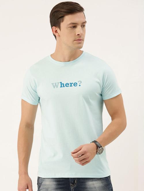 light blue chest print round neck t-shirt - 20747703 - Very Small Image - 1