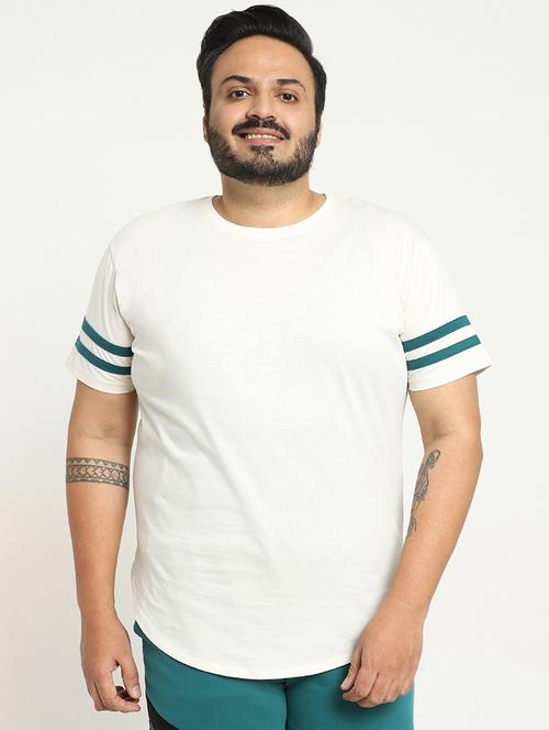 solid white sleeves striped detailed plus size t-shirt - 20747875 - Very Small Image - 1