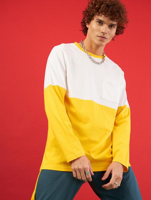 solid white & yellow pocket detailed round neck t-shirt - 20747878 - Very Small Image - 1
