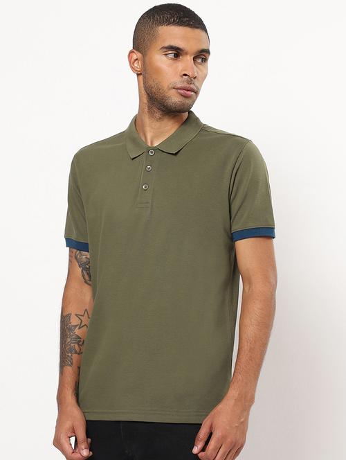 solid olive green detailed polo t-shirt - 20748276 - Very Small Image - 1