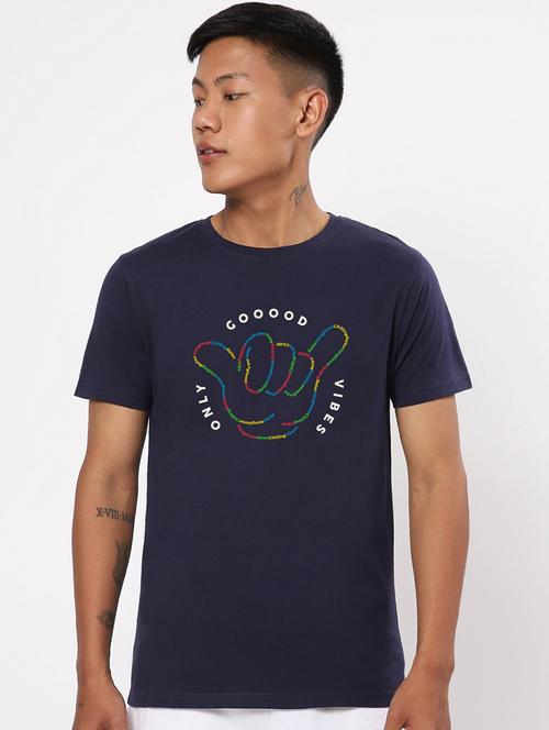 navy blue cotton printed t-shirt - 20750012 - Very Small Image - 1