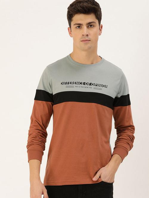 brown & grey cotton color block t-shirt - 20752194 - Very Small Image - 1