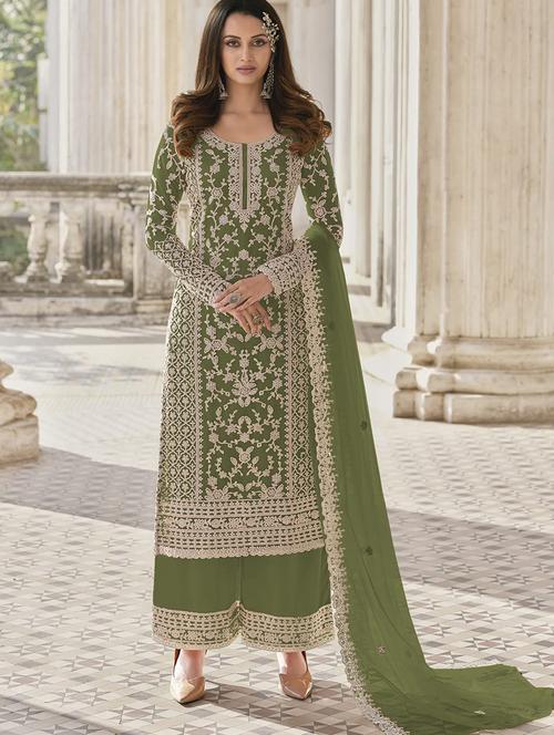 green embroidered semi-stitched suit set - 20754733 - Very Small Image - 1