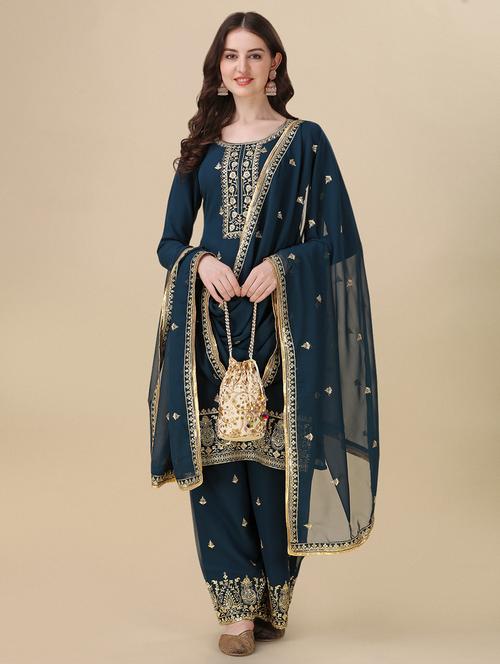 teal embroidered semi-stitched suit set - 20754748 - Very Small Image - 1