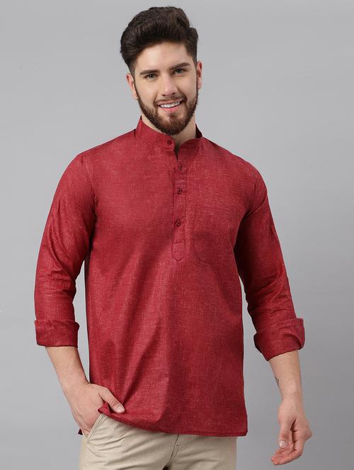 solid red mandarin collar short kurta - 20755934 - Very Small Image - 1