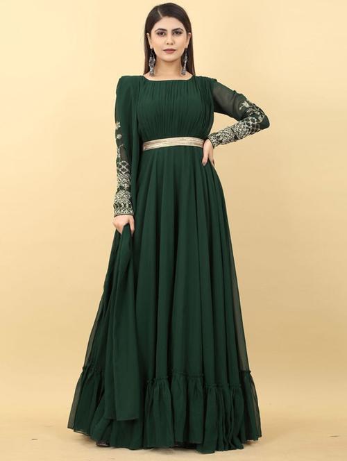 green embroidered georgette ethnic dress - 20763733 - Very Small Image - 1