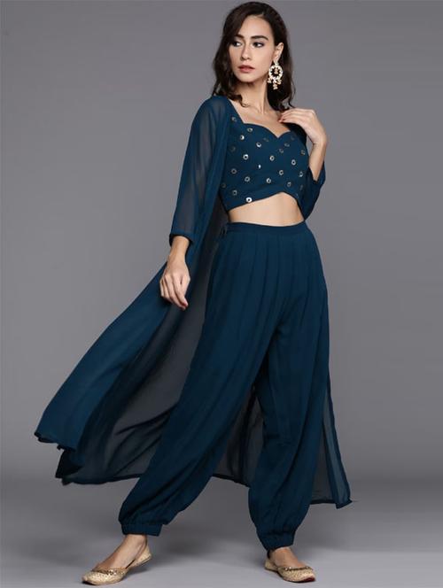teal blue georgette fusion set - 20763746 - Very Small Image - 1