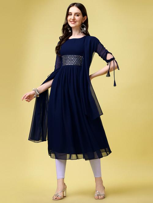 women navy blue round neck kurta dupatta set - 20763752 - Very Small Image - 1