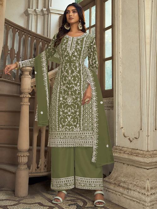embroidered palazzo semi-stitched suit set - 20764334 - Very Small Image - 1