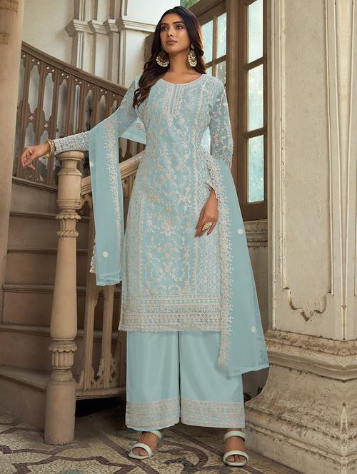 embroidered palazzo semi-stitched suit set - 20764335 - Very Small Image - 1