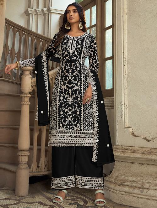 embroidered palazzo semi-stitched suit set - 20764345 - Very Small Image - 1