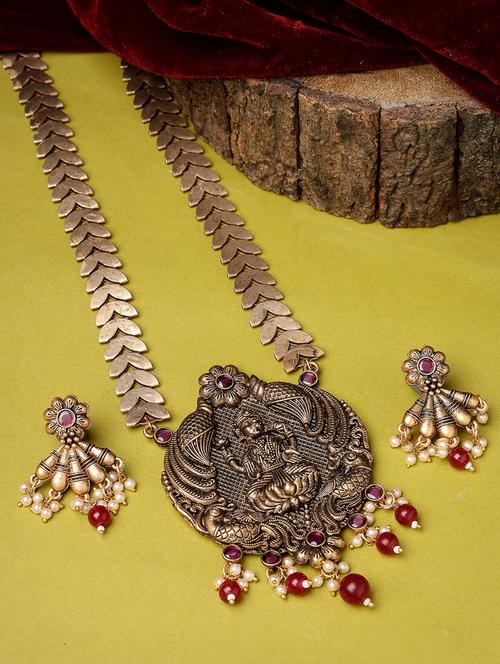 adiva antique gold-plated pearls & stone handcrafted temple jewellery set - 20766381 - Very Small Image - 1