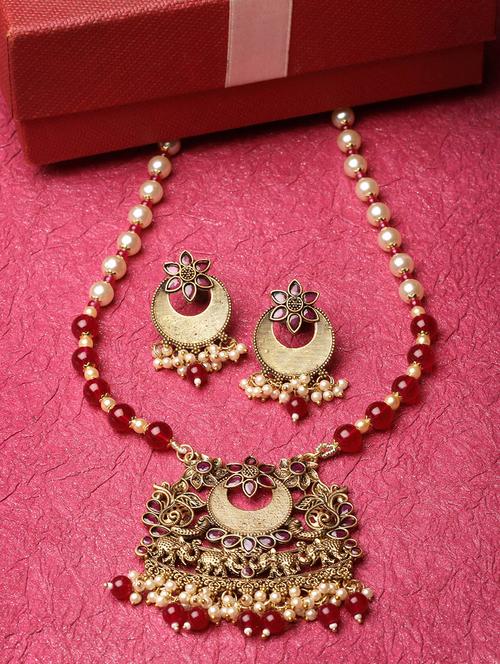 adiva antique gold-plated stone studded & pearls handcrafted jewellery set - 20766386 - Very Small Image - 1