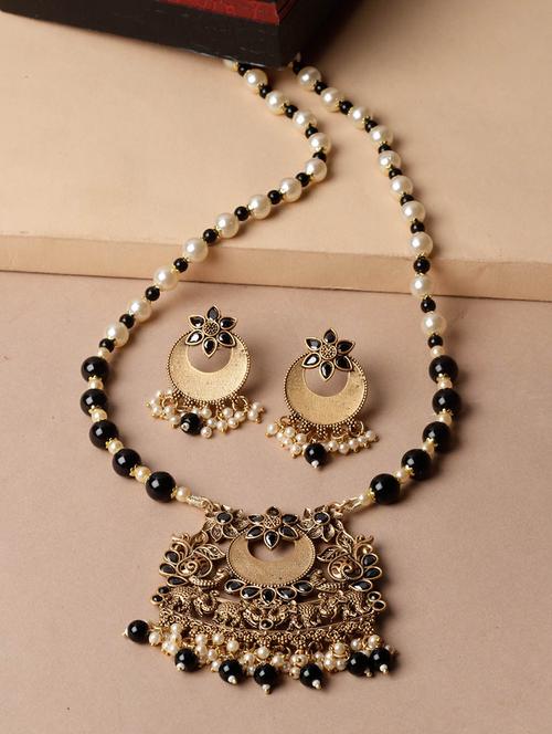 adiva antique gold-plated stone studded & pearls handcrafted jewellery set - 20766387 - Very Small Image - 1