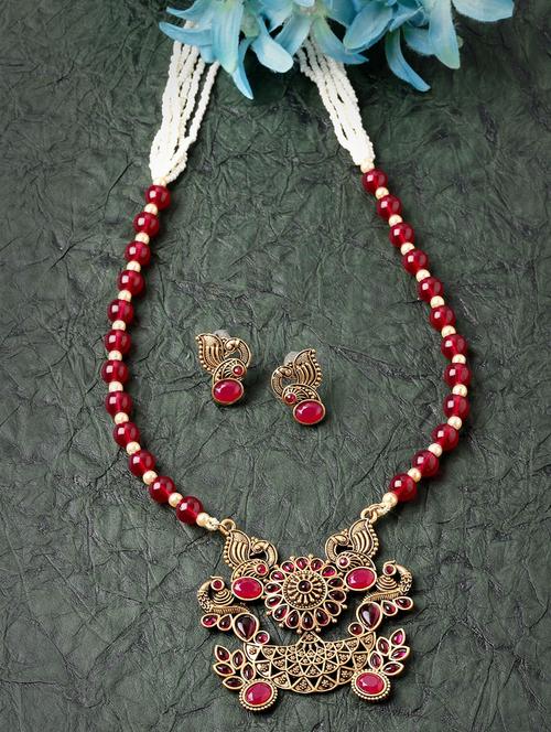 adiva antique gold-plated magenta stone & pearls handcrafted peacock shape jewellery set - 20766388 - Very Small Image - 1
