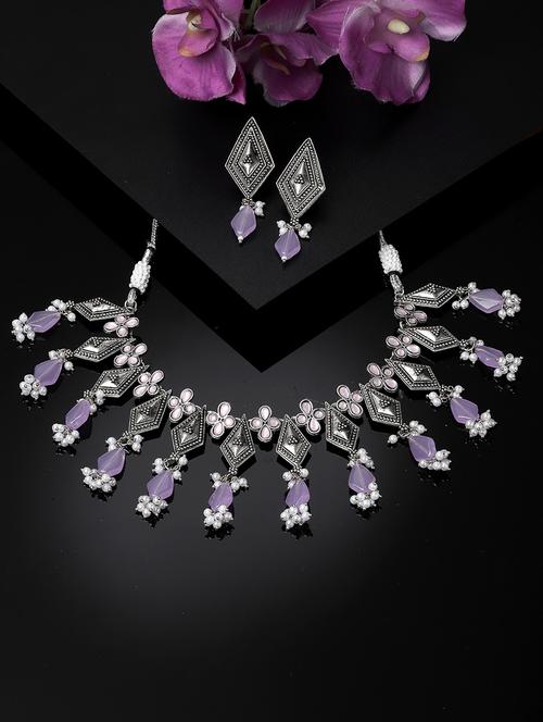 oxidised silver-plated purple stone-studded jewellery set - 20766397 - Very Small Image - 1