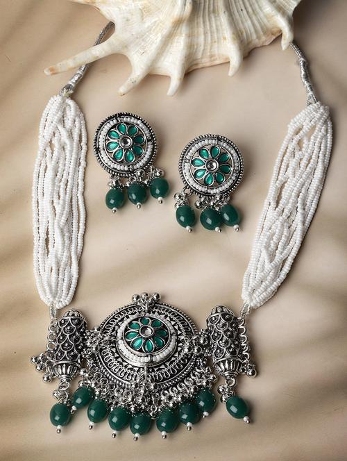 silver-plated green stone & pearls peacock shaped oxidised jewellery set - 20766404 - Very Small Image - 1