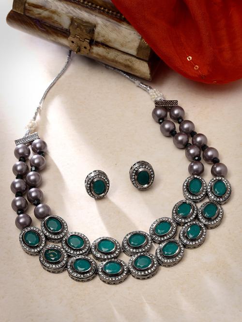 silver plated green & cz stone studed handcarfted jewellery set - 20766444 - Very Small Image - 1