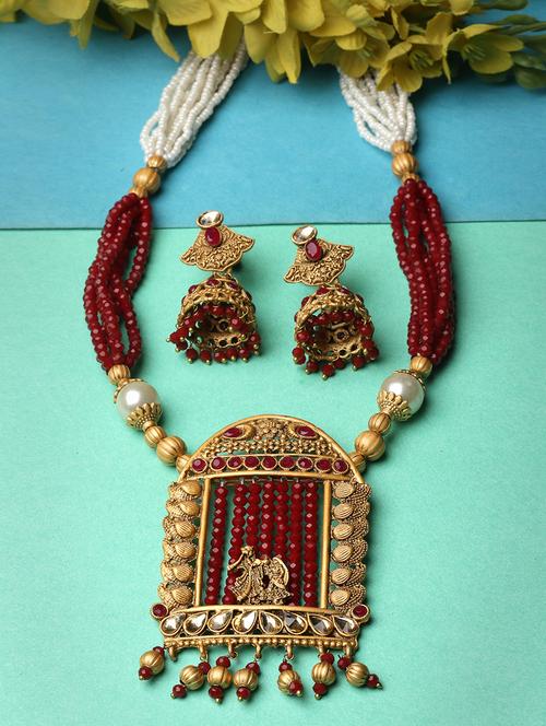 gold-plated stone studded & beaded handcrafted jewellery set - 20766465 - Very Small Image - 1