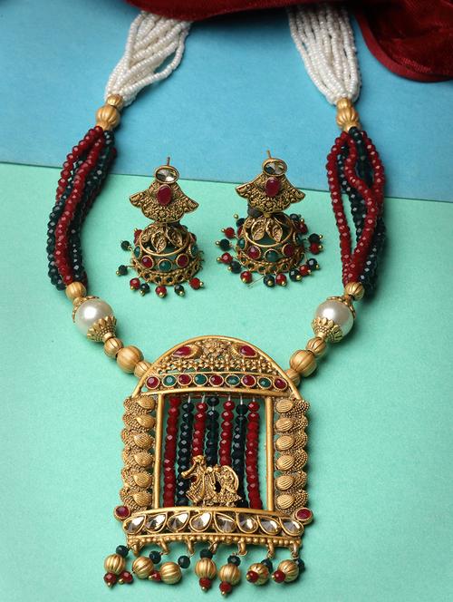 gold-plated stone studded & beaded handcrafted jewellery set - 20766467 - Very Small Image - 1