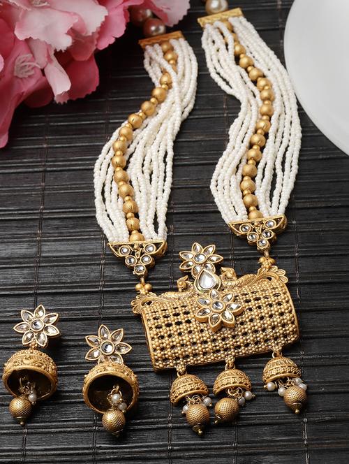 gold-plated artificial stones and beads flora shaped handcrafted jewellery set - 20766489 - Very Small Image - 1