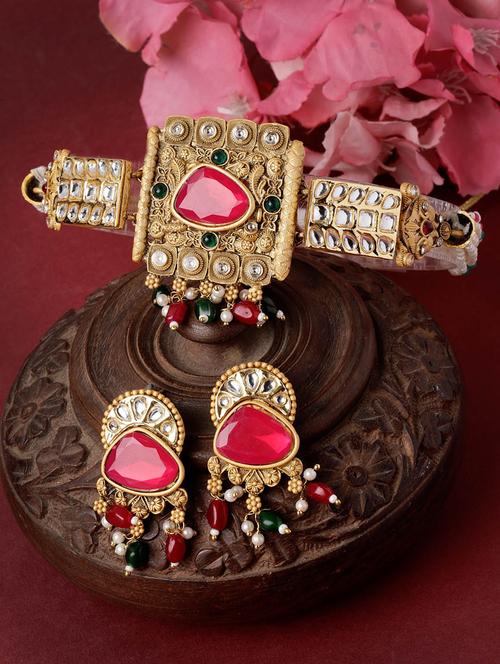 gold-plated pink & kundan stone studded handcrafted choker jewellery set - 20766541 - Very Small Image - 1