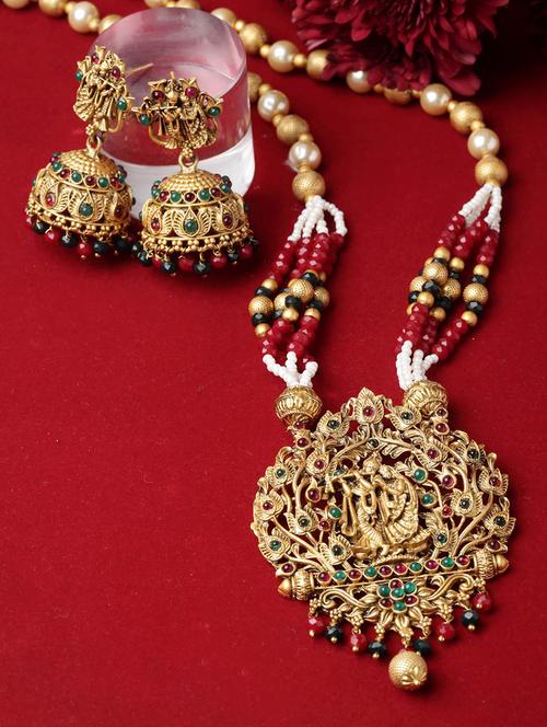 gold-plated artificial stone studded pearls & beads handcrafted jewellery set - 20766558 - Very Small Image - 1