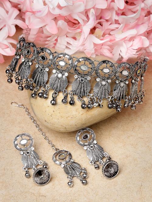women silver plated necklace & earrings set with maang teeka - 20766852 - Very Small Image - 1
