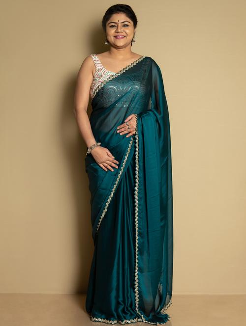 teal solid with work saree - 20767047 - Very Small Image - 1
