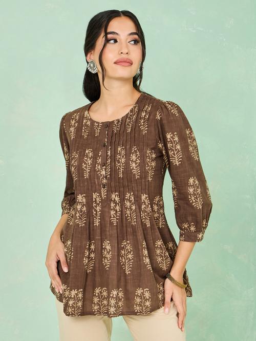 brown printed pleated detailed tunic - 20767372 - Very Small Image - 1