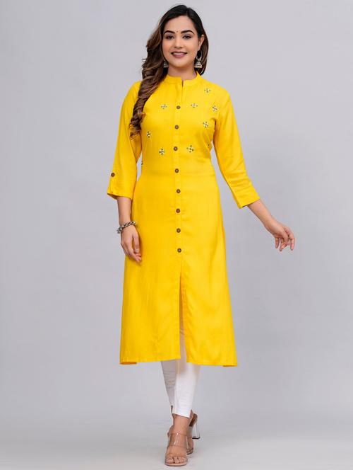 yellow three quarter sleeve a-line kurta - 20767991 - Very Small Image - 1