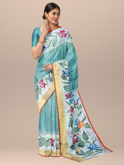 ai aqua printed saree with blouse - 20794795 - Very Small Image - 1